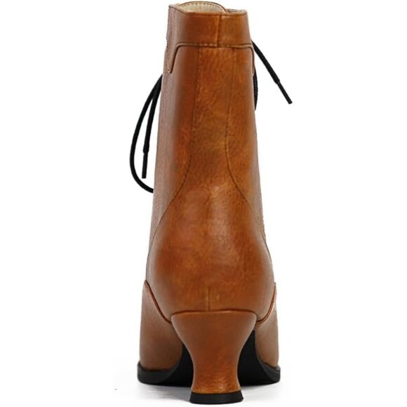 Women's Victorian Ankle Boots Mid Calf Round Toe Boots With Chunky Heel Brown - Picture 4 of 6